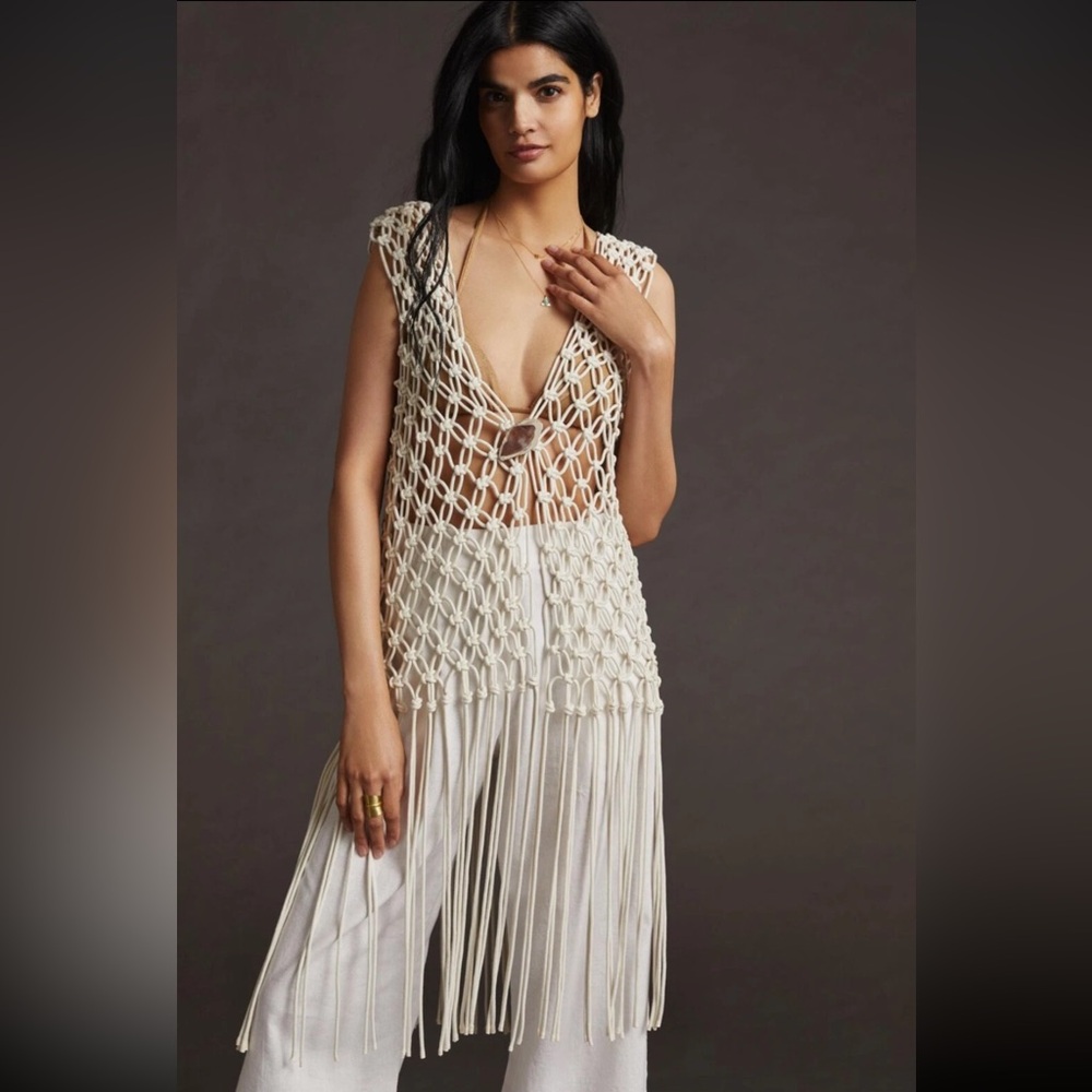 Anthropologie Cream Macramé Fringe Vest
